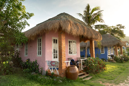 Ninh Van Commune, Khanh Hoa, Vietnam - June 26, 2018: The colorful bungalows with decorative walls...