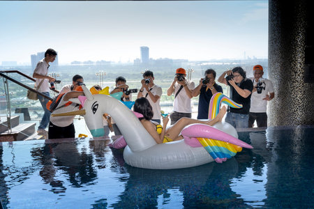 Ho Chi Minh City, Viet Nam - September 29, 2018:  A group of photographer student on photography...