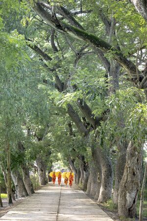 Temple in Tinh Bien district at An Giang province, Viet Nam - September 23, 2018:  Monks with begging bowls beneath saffron robes go out in the morning in West Vietnamのeditorial素材