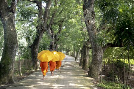 Temple in Tinh Bien district at An Giang province, Viet Nam - September 23, 2018:  Monks with begging bowls beneath saffron robes go out in the morning in West Vietnamのeditorial素材