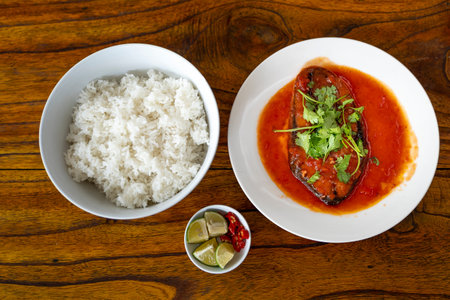 White rice with mackerel in tomato sauce. Popular dishes of Vietnamese peopleの写真素材