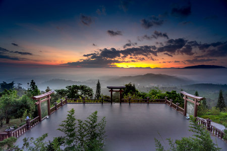 Temple "Linh Quy Phap An", Bao Loc, Vietnam - Jun 2, 2019: The magical dawn on the pagoda, surrounded by dew and magical light of Temple "Linh Quy Phap An" at Bao Loc, Vietnamのeditorial素材