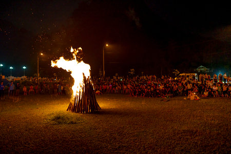Lam Binh Tuyen Commune, Tuyen Quang province, Vietnam - September 14, 2019:  The traditional fire...