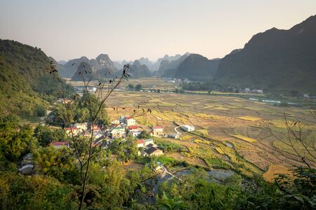 Ngoc Con, Cao Bang Province, Vietnam - September 29, 2019: See panoramic dawn photos rice fields in Ngoc Con, Trung Khanh, Cao Bang, Vietnam. Cao Bang is beautiful in nature in Vietnam and Southeastのeditorial素材