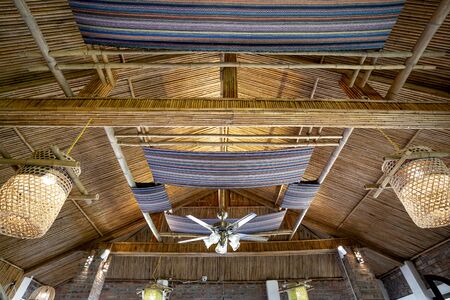 Pu Luong eco garden resort, Pu Luong commune, Thanh Hoa province, Vietnam - October 1, 2019: see the ceiling of the Pu Luong eco garden resort restaurant made entirely of bamboo and rattanのeditorial素材