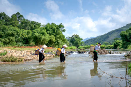 Kha Cuu commune, Tan Son district, Phu Tho Province, Vietnam - May 28, 2020: ethnic women carry baskets full of corn across streamsのeditorial素材