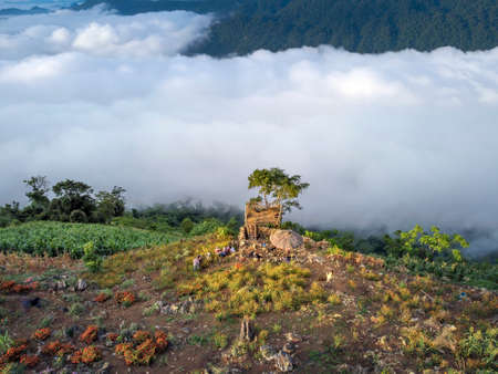 Hang Kia-Pa Co in Mai Chau district, Son La province, Vietnam - July 14, 2020: Tourists at Hang Kia-Pa Co. Hang Kia - Pa Co valley is surrounded by four rocky mountains, covered with clouds all yearのeditorial素材