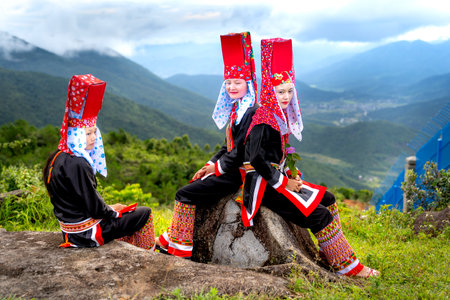 Binh Lieu District, Quang Ninh Province, Vietnam - July 4, 2020: The ethnic minority girls Dao Thanh Phan in colorful traditional costumes in Binh Lieu District, Quang Ninh Province, Vietnamのeditorial素材