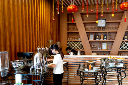 Four-star hotel Muong Thanh Grand, Vinh City, Nghe An Province, Vietnam - July 31, 2020: Photo of a buffet breakfast at four-star Muong Thanh Grand Hotel, Vinh city, Nghe An province, Vietnamのeditorial素材