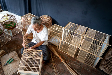 Canh Hoach Village, Thanh Oai District (Hanoi), Vietnam - Septembre 15, 2020: Photo of a skilled farmer is making a bamboo bird cage in Canh Hoach Village, Thanh Oai District (Hanoi), Vietnamのeditorial素材