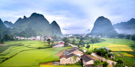 the morning looking at the majestic landscape with fog and clouds in the mountainous areas of Cao Bang province, Viet Nam. The scene is fanciful and poeticの写真素材