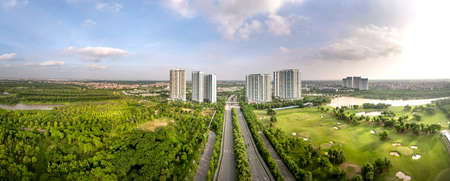 Eco-Park Ecological Urban Residential Area, Hung Yen, Vietnam - September 25, 2020: A panoramic view of Eco-Park eco-urban area from above. This is an urban area near Hanoi, with an area of 70%のeditorial素材