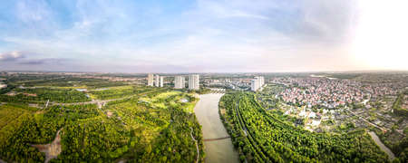 Eco-Park Ecological Urban Residential Area, Hung Yen, Vietnam - September 25, 2020: A panoramic view of Eco-Park eco-urban area from above. This is an urban area near Hanoi, with an area of 70%のeditorial素材
