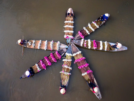 Long An Province, Viet Nam - October 25, 2020: Beautiful images from above: Rural women in Kien...
