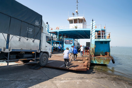 Ferry Dinh Vu, Hai Phong City, Vietnam - November 13, 2020: tourists take the ferry Dinh Vu, to the...