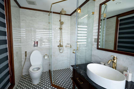 5-star Heritage Cruise on Lan Ha Bay, Quang Ninh province, Vietnam - November 13, 2020: View luxurious bathroom interiors on 5-star Heritage Cruise on Lan Ha Bay, Quang Ninh province, Vietnamのeditorial素材
