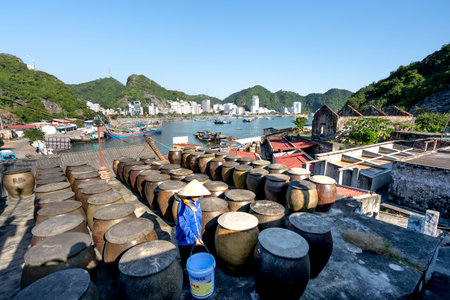 Cat Ba Island, Quang Ninh Province, Vietnam - November 13, 2020: Big production facilities fish sauce in Vietnam. Fishermen, Cat Ba Bayのeditorial素材