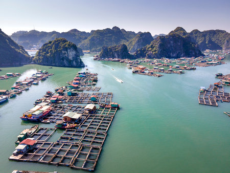 Lan Ha Bay, Vietnam - November 13, 2020: Panoramic photo of a floating fishing village in Lan Ha...