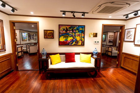 5-star Heritage Cruise on Lan Ha Bay, Quang Ninh province, Vietnam - November 12, 2020: View luxury interior on 5-star cruise ship Heritage Cruise on Lan Ha Bay, Quang Ninh province, Vietnamのeditorial素材