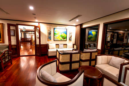 5-star Heritage Cruise on Lan Ha Bay, Quang Ninh province, Vietnam - November 12, 2020: View luxury interior on 5-star cruise ship Heritage Cruise on Lan Ha Bay, Quang Ninh province, Vietnamのeditorial素材
