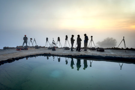 Mount Dai Lao, Bao Loc District, Lam Dong Province, Vietnam- December 26, 2020: Photographers is waiting for the best moment of dawn on Dai Lao mountain, Bao Loc district, Lam Dong province, Vietnamのeditorial素材