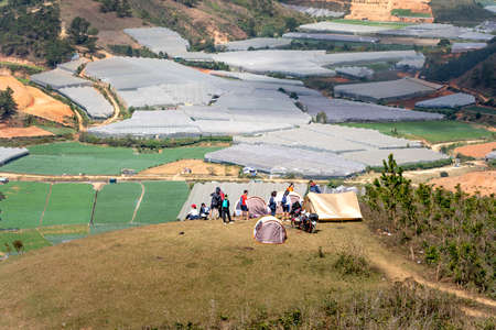 Da Lat city, Lam Dong province, Viet Nam - January 9, 2021: Tourists camping on a hill in Da Lat city, Lam Dong province, Viet Namのeditorial素材