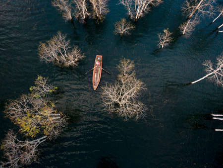 A boat travels on a deserted lake among the dry trees in the morning on a winter dayの写真素材