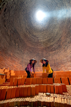 Sadec town, Dong Thap province, Vietnam - February 6, 2021: Inside traditional brick oven (brick...