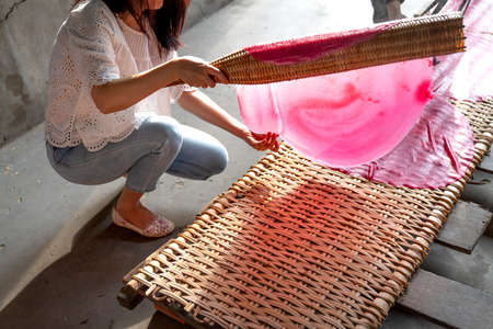 Noodle making village in An Binh Ward, Ninh Kieu District, Can Tho City, Viet Nam-February 7, 2021: Images of the stages of rice cake coating and sun drying to make famous noodles in Can Tho City, VNのeditorial素材