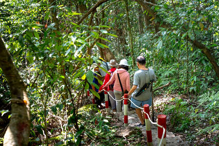 K50 Waterfall, K 'Bang district, Gia Lai province, Vietnam - March 7, 2021: Tourists walk in the rainforest in K' Bang district, Gia Lai province, Vietnamのeditorial素材