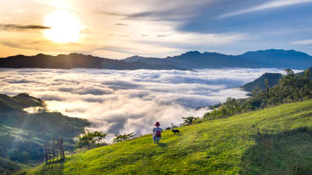 Beautiful panorama view of the morning fog at Phu Chi Fa in Chiang Rai, Thailand.の写真素材