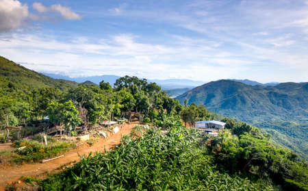 Panoramic view of a village on a mountainの写真素材