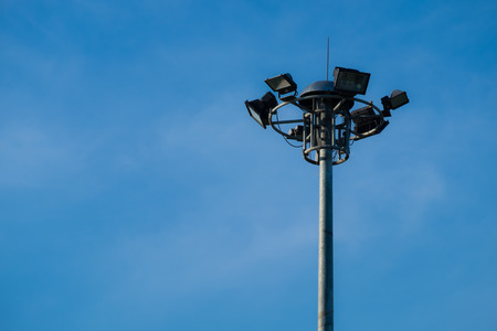 A part of top  multi street light pole with blue sky background.の写真素材