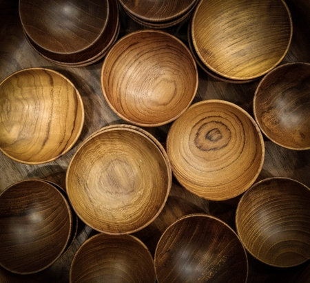 Wooden cups and bowls on top view.の写真素材