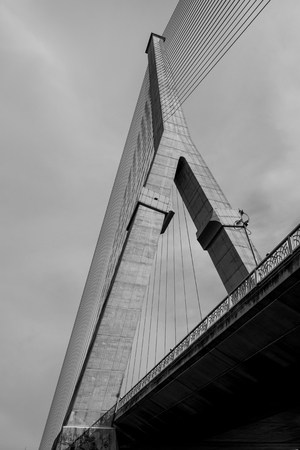 A bottom view of Rama VIII bridge in bangkok, thailand, black and white tone.の写真素材