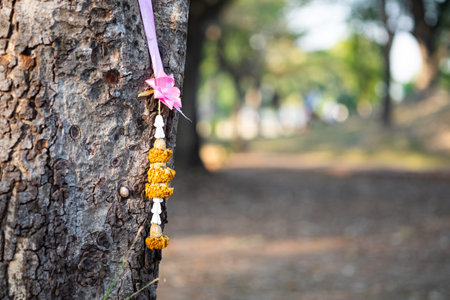 Thai traditional  garland being hang on the tree which is a belief in the sacred things of the Asian...
