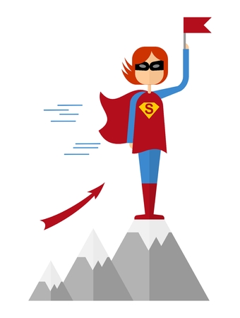 Female superhero on a mountain top. The flag of the winner. The victory in the competition. Conceptual image of success and leadership.Cartoon flat vector illustration. Objects isolated on a background.のイラスト素材