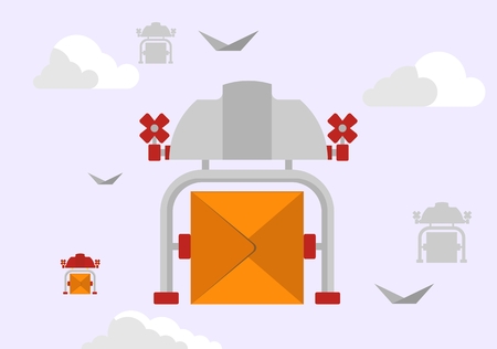 Remote air drone with a box flying in the sky. Concept for delivery service.Flat design colored vector illustration.のイラスト素材
