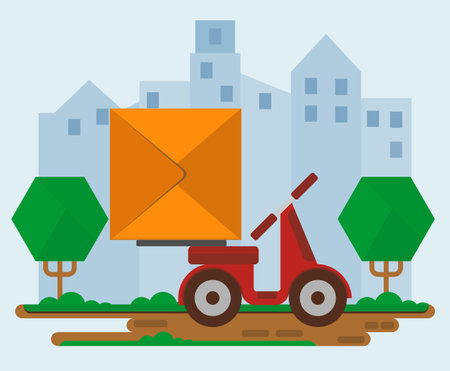 Red delivery scooter with a box on the street. Concept for delivery service.Flat design colored vector illustration.のイラスト素材