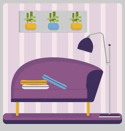 Purple couch in a small room. Home living room interior with comfortable furniture.?ozy  light room with bright furniture Cartoon Vector illustration.のイラスト素材