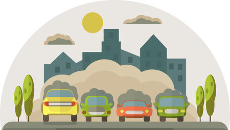 Cars pollute the environment. Smoke from cars covers the house and the sky. Vector flat illustration.のイラスト素材