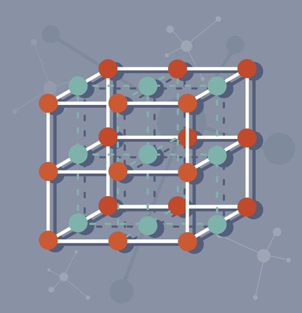 The molecular structure of a cube. Chemical elements. Molecular biology. Molecular background. Atoms and molecules in a chemical formula.Cartoon flat vector illustration.のイラスト素材