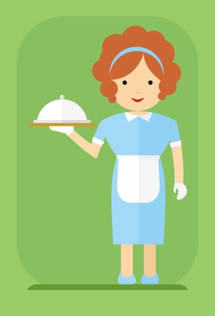 Redhead waitress in a blue dress  and a white apron carries food. Cartoon flat vector illustration.のイラスト素材
