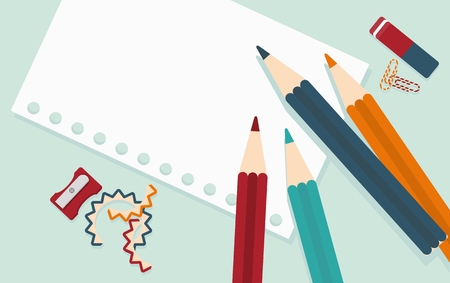 Workplace illustrator. Crayons, paper, pencil sharpener and eraser on the table. Objects isolated on a white background. Flat vector illustration.のイラスト素材