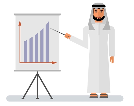 Handsome Saudi Arab Man in Traditional Dress Stand Teaching while Smiling with White Board.Vector illustration of Arabic man character image.のイラスト素材