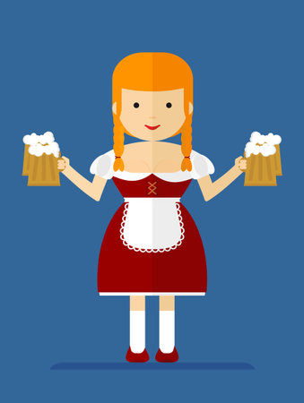 Beautiful bavarian girl with blond hair holding a mug of beer. Cartoon flat vector illustration.のイラスト素材