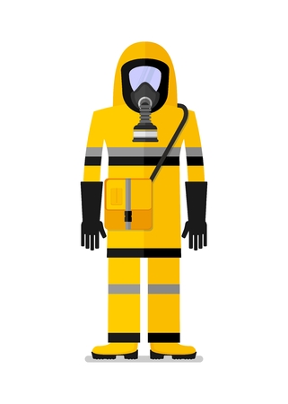 Man wearing in work clothes for chemical protection. Cartoon flat vector illustration. Objects isolated on a background.のイラスト素材