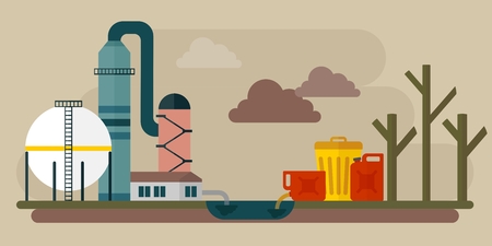 Building industrial plants polluting the environment. Toxic waste from oil extraction. Ecology design concept with air, water and soil pollution. Flat icons isolated vector illustration.のイラスト素材