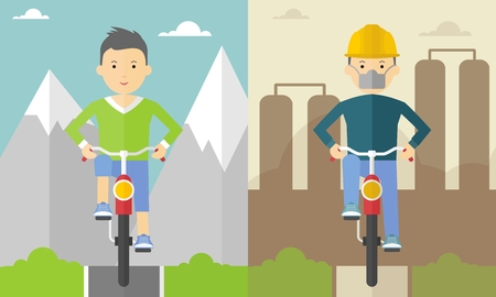 ?onceptual image of clean and polluted atmosphere. Poor environmental conditions. Cyclist in the mountains and in the city.Cartoon flat vector illustration. Objects isolated on a background.のイラスト素材
