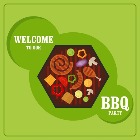 BBQ Grill Party card. Image for barbecue party poster and invitation. Cartoon flat vector illustration. Objects isolated on a background.のイラスト素材